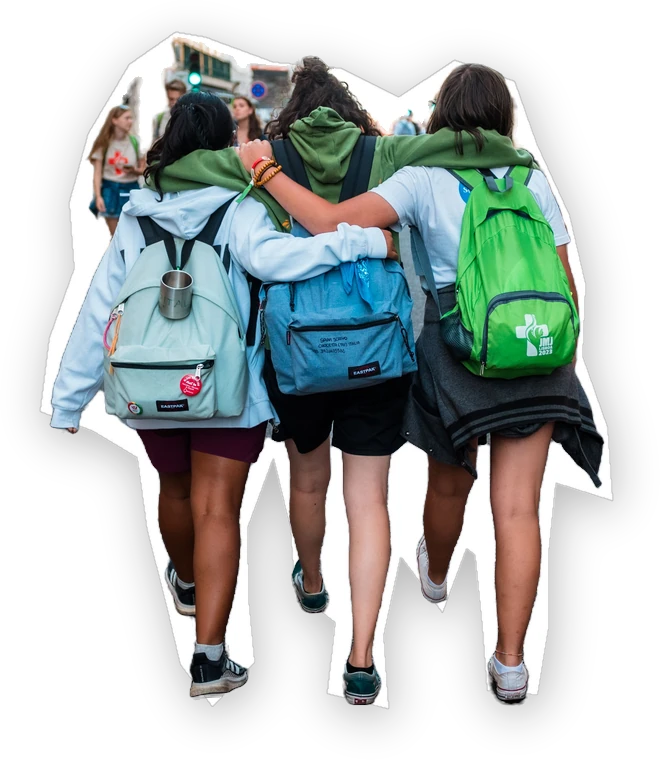 Three friends walking away, arms linked